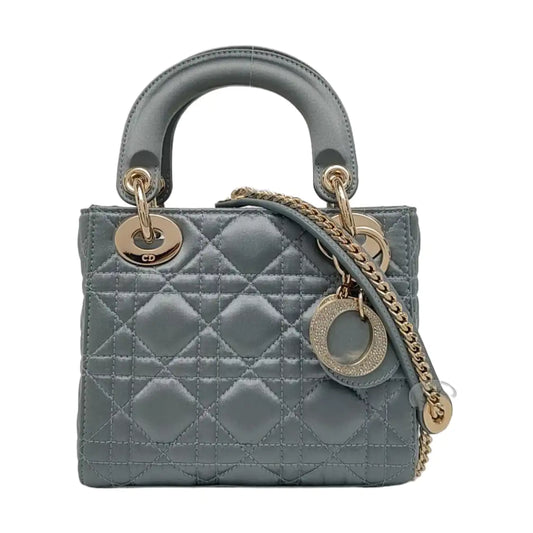 DIOR Lady Dior Mini Blue Satin Cannage Quilted Shoulder Bag Tote Bag Crossbody Bag Golden Hardware Removable Strap-(SKU)-970711343