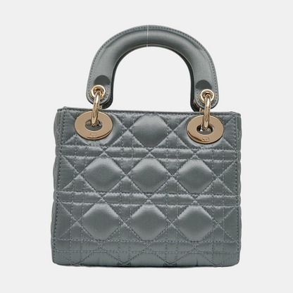 DIOR Lady Dior Mini Blue Satin Cannage Quilted Shoulder Bag Tote Bag Crossbody Bag Golden Hardware Removable Strap-(SKU)-970711343