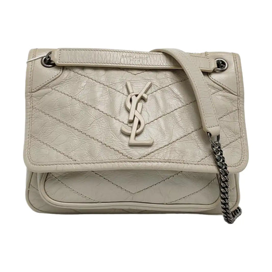 YSL NIKI Small White Calfskin Quilted V-Shape Single Shoulder Bag and Crossbody with White Ruthenium Hardware-(SKU)-970582755
