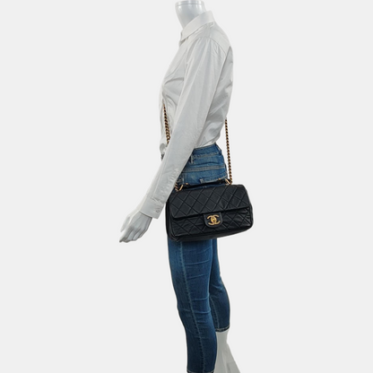 CHANEL COCO MARK Black Calfskin Quilted Diamond Pattern Shoulder Bag Handbag Crossbody Bag Gold Hardware 17 Clasp-(SKU)-970521543