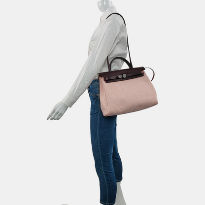 HERMÈS Herbag 31 Patchwork Canvas Woven Shoulder Bag Crossbody Handbag with Silver Hardware, Z Stamp, and Pocket-(SKU)-967802237