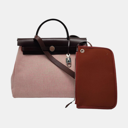 HERMÈS Herbag 31 Patchwork Canvas Woven Shoulder Bag Crossbody Handbag with Silver Hardware, Z Stamp, and Pocket-(SKU)-967802237