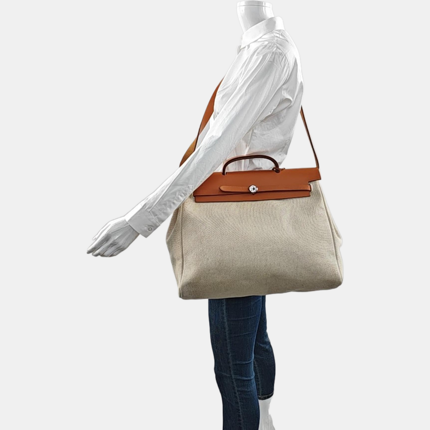 HERMÈS Herbag 39 Milkshake White Canvas Shoulder Bag Tote with Detachable Strap-(SKU)-970841956
