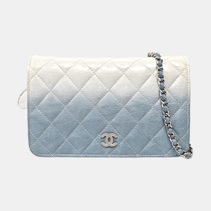 CHANEL WOC Blue Calfskin Patent Leather Chevron Single Shoulder Bag with Shoulder Strap and Silver Hardware-(SKU)-970647926