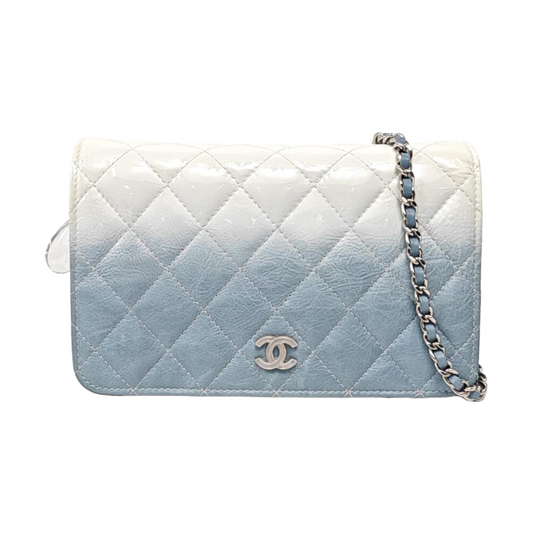 CHANEL WOC Blue Calfskin Patent Leather Chevron Single Shoulder Bag with Shoulder Strap and Silver Hardware-(SKU)-970647926