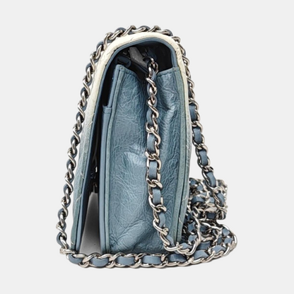 CHANEL WOC Blue Calfskin Patent Leather Chevron Single Shoulder Bag with Shoulder Strap and Silver Hardware-(SKU)-970647926