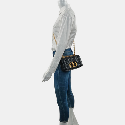 DIOR Dior Caro Small Black Leather Cannage Quilted Single Shoulder Bag Crossbody Bag Golden Hardware Removable Strap-(SKU)-970717484