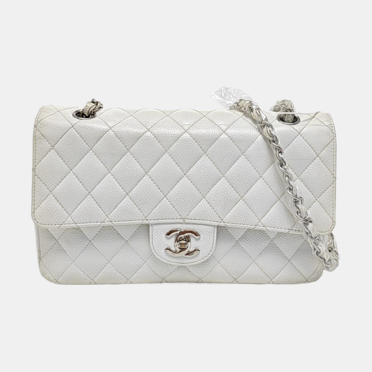 CHANEL CLASSIC FLAP Medium White Quilted Leather Grained Single Shoulder Bag Crossbody Bag with Silver Hardware 12 opening-(SKU)-961743438