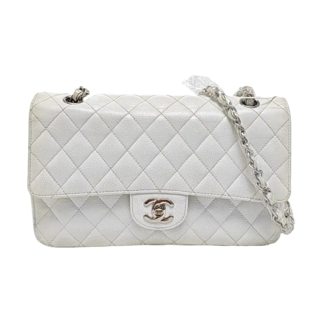 CHANEL CLASSIC FLAP Medium White Quilted Leather Grained Single Shoulder Bag Crossbody Bag with Silver Hardware 12 opening-(SKU)-961743438