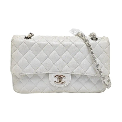 CHANEL CLASSIC FLAP Medium White Quilted Leather Grained Single Shoulder Bag Crossbody Bag with Silver Hardware 12 opening-(SKU)-961743438