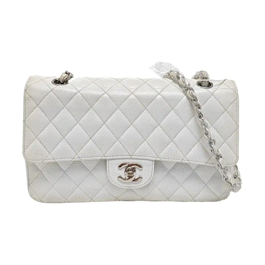 CHANEL CLASSIC FLAP Medium White Quilted Leather Grained Single Shoulder Bag Crossbody Bag with Silver Hardware 12 opening-(SKU)-961743438