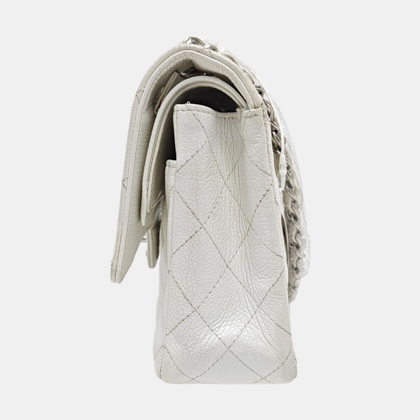 CHANEL CLASSIC FLAP Medium White Quilted Leather Grained Single Shoulder Bag Crossbody Bag with Silver Hardware 12 opening-(SKU)-961743438