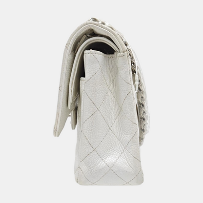 CHANEL CLASSIC FLAP Medium White Quilted Leather Grained Single Shoulder Bag Crossbody Bag with Silver Hardware 12 opening-(SKU)-961743438