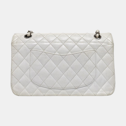 CHANEL CLASSIC FLAP Medium White Quilted Leather Grained Single Shoulder Bag Crossbody Bag with Silver Hardware 12 opening-(SKU)-961743438