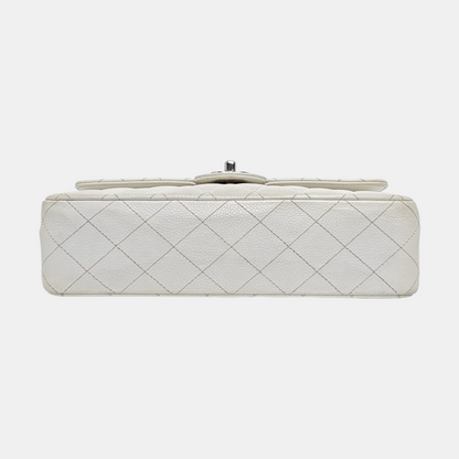 CHANEL CLASSIC FLAP Medium White Quilted Leather Grained Single Shoulder Bag Crossbody Bag with Silver Hardware 12 opening-(SKU)-961743438