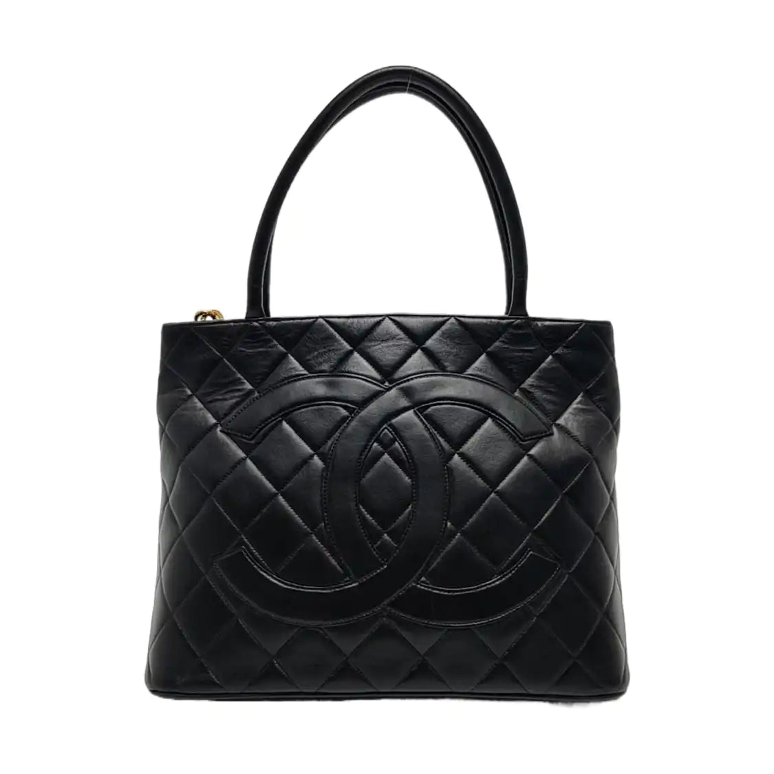 CHANEL MEDALLION Black Lamb Skin Quilted Hilton Handbag with Gold Hardware, Vintage-(SKU)-970902216