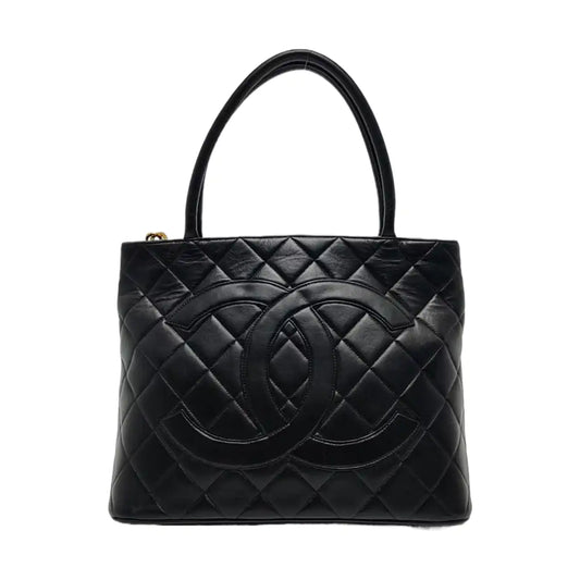 CHANEL MEDALLION Black Lamb Skin Quilted Hilton Handbag with Gold Hardware, Vintage-(SKU)-970902216