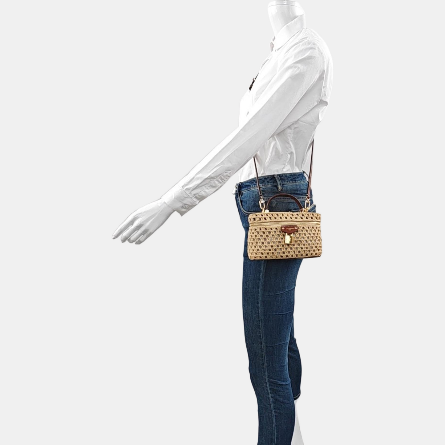 LOUIS VUITTON VANITY CHAIN POUCH Beige straw woven single shoulder bag, gold hardware, removable shoulder strap, complete accessories-(SKU)-971025646