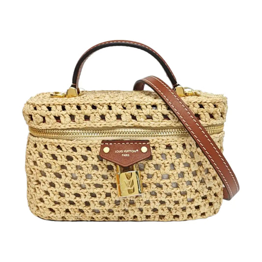 LOUIS VUITTON VANITY CHAIN POUCH Beige straw woven single shoulder bag, gold hardware, removable shoulder strap, complete accessories-(SKU)-971025646