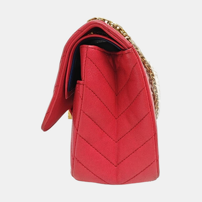 CHANEL 2.55 Small, red lamb skin, quilted V pattern, chain strap, gold hardware, size 23-(SKU)-971107723