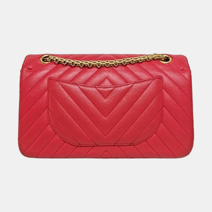 CHANEL 2.55 Small, red lamb skin, quilted V pattern, chain strap, gold hardware, size 23-(SKU)-971107723