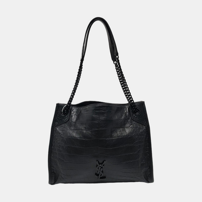 YSL NIKI Black Leather Crocodile-Print Single-Shoulder Bag with Palladium Hardware-(SKU)-971106402