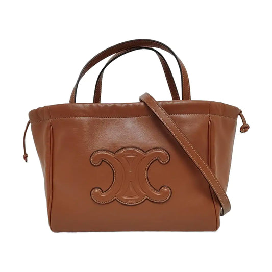 CELINE CABAS TRIOMPHE Brown Leather Quilted Shoulder Bag Tote Bag Crossbody Bag Gold Hardware Removable Strap-(SKU)-971128053