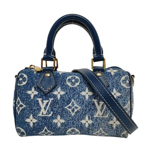 LOUIS VUITTON SPEEDY Nano Deep Blue Denim Monogram Boston Bag Shoulder Bag Tote Bag Crossbody Bag Gold Hardware Removable Strap-(SKU)-970980154