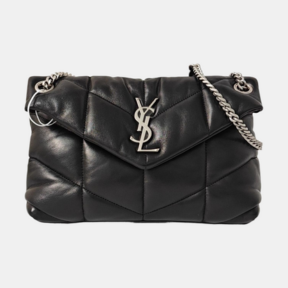 YSL PUFFER Mini Black Lamb Skin Quilted Envelope Bag, Crossbody and Shoulder Bag with Silver Hardware-(SKU)-971165723