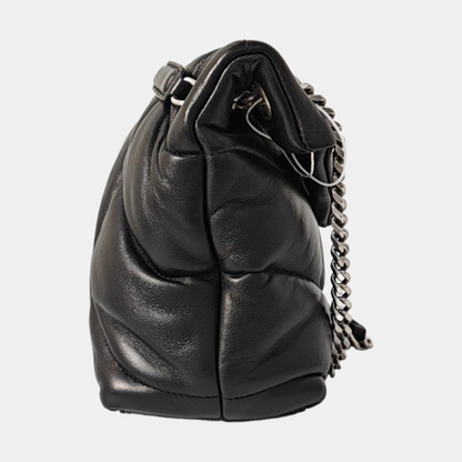 YSL PUFFER Mini Black Lamb Skin Quilted Envelope Bag, Crossbody and Shoulder Bag with Silver Hardware-(SKU)-971165723