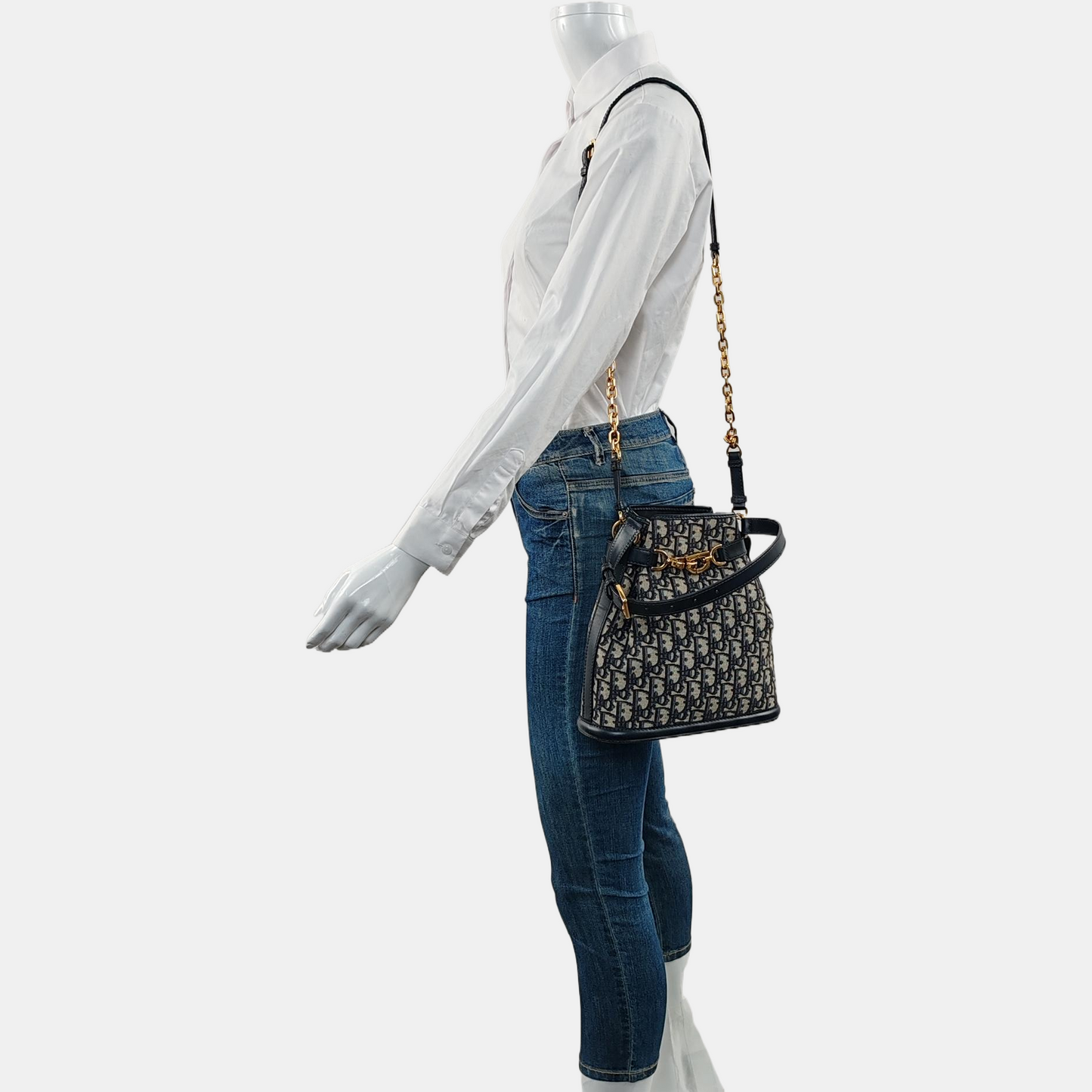 DIOR C'Est Dior Medium Gray Canvas Monogram Jacquard Shoulder Bag with Chain Strap, Gold Hardware, 2 Removable Shoulder Straps-(SKU)-956765138