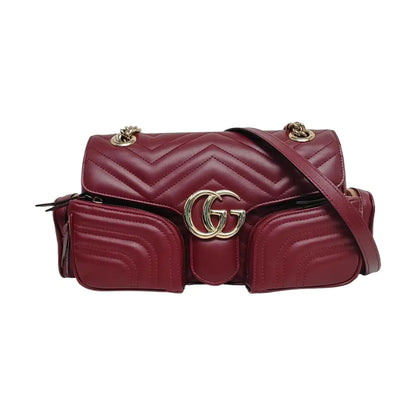 GUCCI GG Marmont Small Burgundy Calfskin Quilted Wave Pattern Crossbody Bag with Gold Hardware-(SKU)-971223206