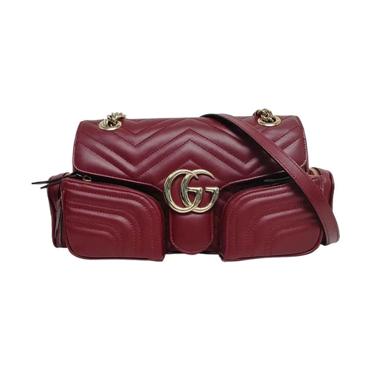 GUCCI GG Marmont Small Burgundy Calfskin Quilted Wave Pattern Crossbody Bag with Gold Hardware-(SKU)-971223206