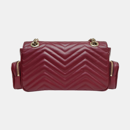 GUCCI GG Marmont Small Burgundy Calfskin Quilted Wave Pattern Crossbody Bag with Gold Hardware-(SKU)-971223206