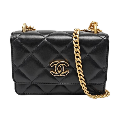 CHANEL WOC Black Lamb Skin Quilted Intrecciato Crossbody Bag, Shoulder Bag, Golden Hardware, 31 Clasp-(SKU)-970987317