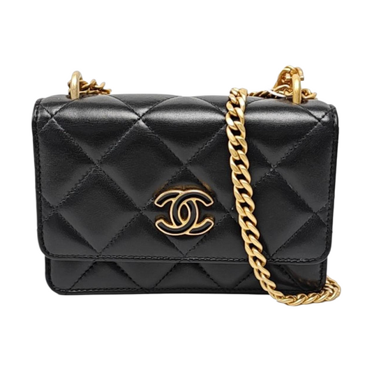 CHANEL WOC Black Lamb Skin Quilted Intrecciato Crossbody Bag, Shoulder Bag, Golden Hardware, 31 Clasp-(SKU)-970987317