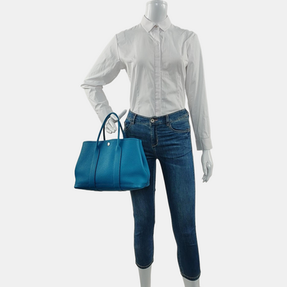 HERMÈS Garden Party 30 Izmir Blue Negonda Calf Leather Garden Bag Handbag with Silver Hardware and C-(SKU)-971169079