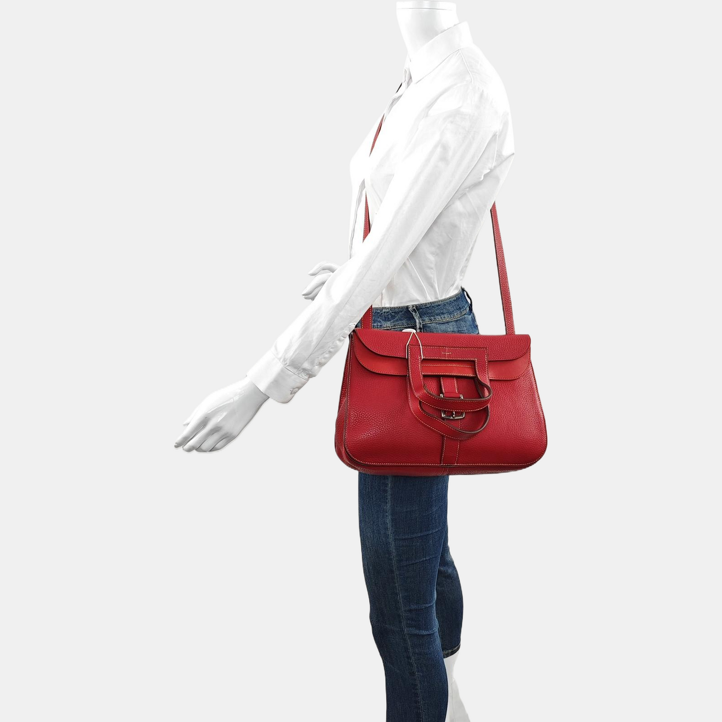 HERMÈS Halzan 31 Chili Red Clemence Leather Crossbody Bag Shoulder Bag Handbag Silver Hardware C Engraving-(SKU)-971168672