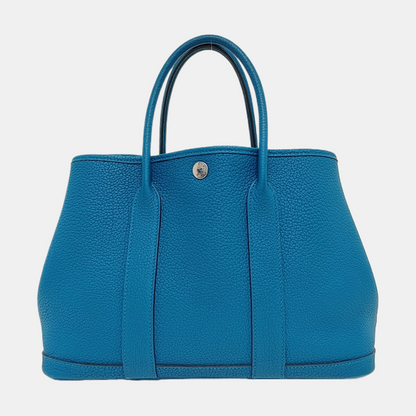 HERMÈS Garden Party 30 Izmir Blue Negonda Calf Leather Garden Bag Handbag with Silver Hardware and C-(SKU)-971169079