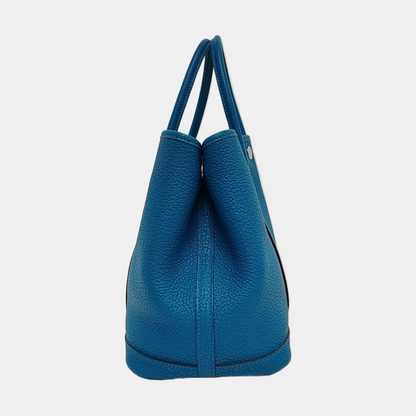 HERMÈS Garden Party 30 Izmir Blue Negonda Calf Leather Garden Bag Handbag with Silver Hardware and C-(SKU)-971169079