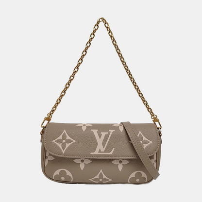 LOUIS VUITTON IVY Gray Calfskin Monogram Shoulder Bag Tote Crossbody Bag Gold Hardware 2 Removable Shoulder Straps-(SKU)-971268669