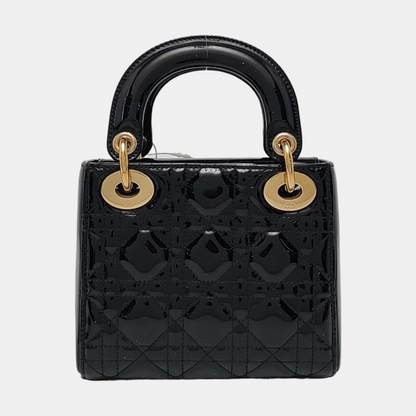 DIOR Lady Dior Mini Black Patent Lamb Skin Quilted Diagonal Bag, Shoulder Bag, Crossbody, Handle Bag with Detachable Strap, Golden Hardware-(SKU)-971167248