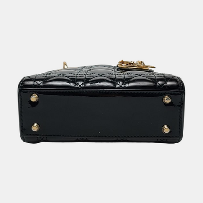 DIOR Lady Dior Mini Black Patent Lamb Skin Quilted Diagonal Bag, Shoulder Bag, Crossbody, Handle Bag with Detachable Strap, Golden Hardware-(SKU)-971167248
