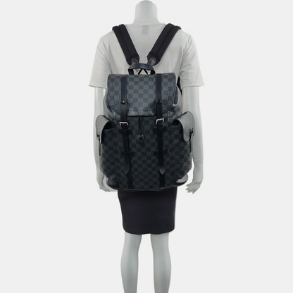 LOUIS VUITTON CHRISTOPHER Medium Grey Coated Canvas Checkerboard Backpack Tote Bag with Silver Hardware-(SKU)-969278949