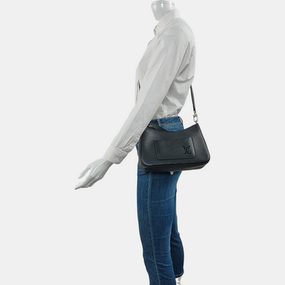 LOUIS VUITTON MARELLE Black EPI Leather Water Ripple Shoulder Bag with Shoulder Strap and Handle, Silver Hardware, Detachable Strap-(SKU)-933629695