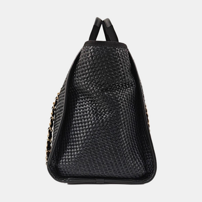 CHANEL DEAUVILLE large size black special material woven beach bag, shoulder bag, handbag with gold hardware and 31 chain links-(SKU)-971090385
