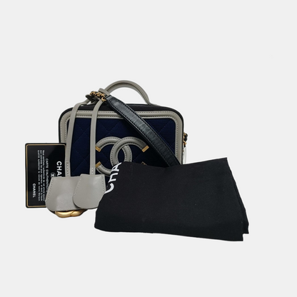 CHANEL FILIGREE Small Deep Blue Fabric Cannage Crossbody Single Shoulder Bag with Gold Hardware, 28 Clasp-(SKU)-971345916