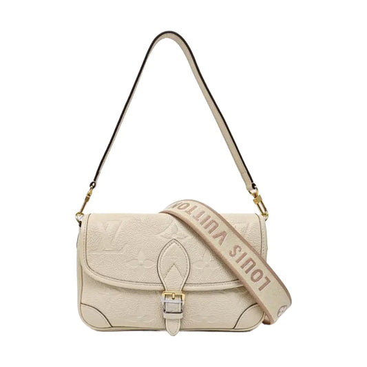 LOUIS VUITTON DIANE Beige Coated Canvas Monogram Crossbody Bag Handbag Shoulder Bag Detachable Strap Gold Hardware 2 Clasp-(SKU)-971247515