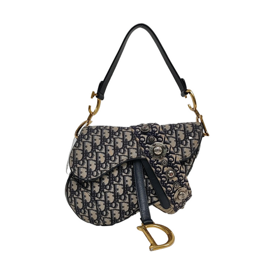 DIOR Saddle Small Blue Canvas Monogram Damier Embossed Saddle Bag, Shoulder Bag, Golden Hardware, Removable Strap-(SKU)-971349303
