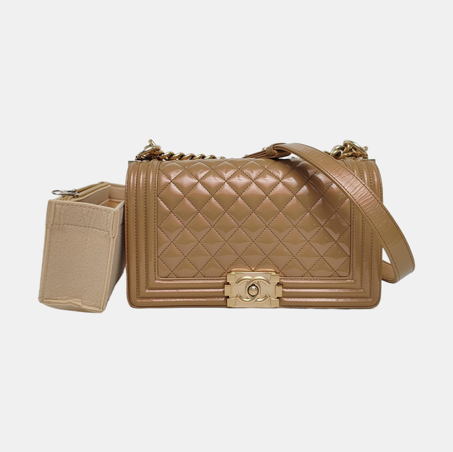 CHANEL BOY CHANEL Medium Brown Patent Leather Quilted Shoulder Bag Crossbody Bag with Detachable Strap Gold Hardware 22 Compartments-(SKU)-971345754